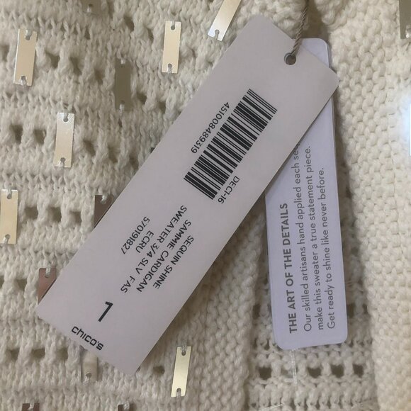 NWT Chico’s White and Silver Sequin Sammie 3/4 Sleeves Cardigan M - Picture 8 of 10